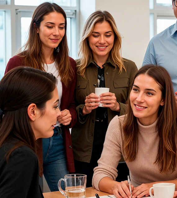 Four women engaged in a friendly conversation around a table, two holding cups and one writing on a notepad.