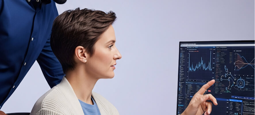 Two professionals, a woman and a man, analyzing financial charts and data on a computer screen.
