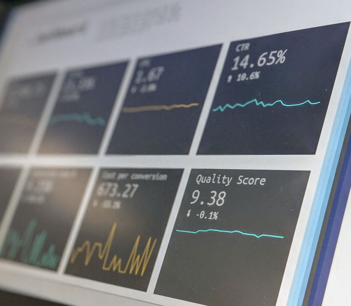 Close-up of a digital dashboard screen displaying various performance metrics and charts including CTR 14.65%, Quality Score 9.38, and cost per conversion $13.27.