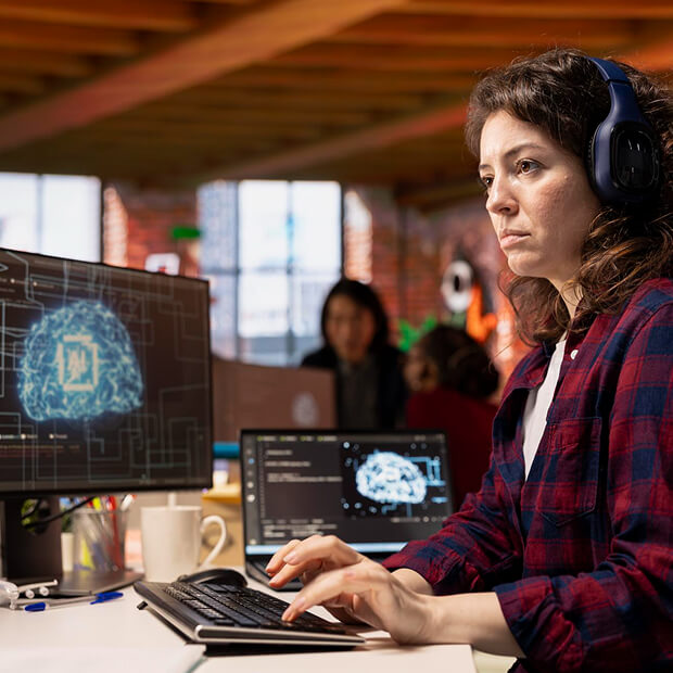 Woman wearing headphones working on a computer showing AI brain graphics in a modern office.
