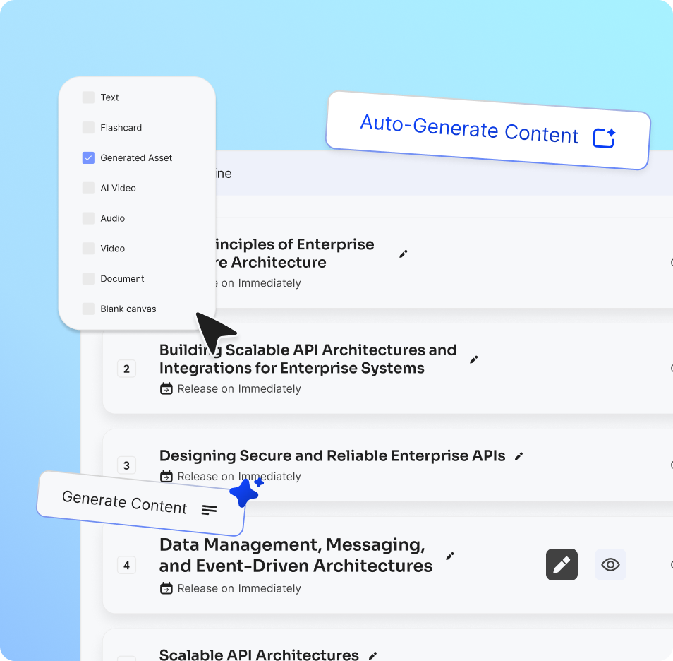 Dropdown menu with content types including Text, Flashcard, and Generated Asset selected, over a list of enterprise architecture topics and buttons labeled Auto-Generate Content and Generate Content.