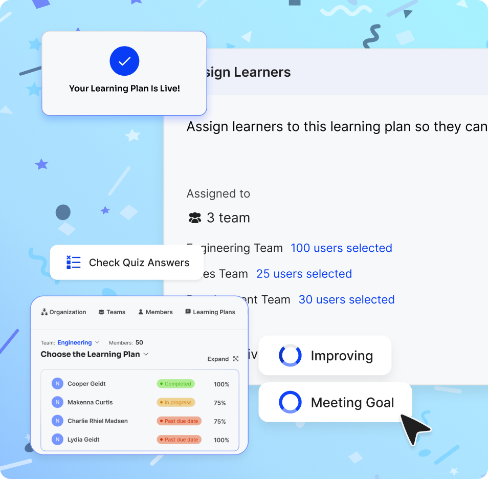 User interface showing a learning plan assignment with 3 teams, user selection counts, quiz answer check, and progress status for team members.