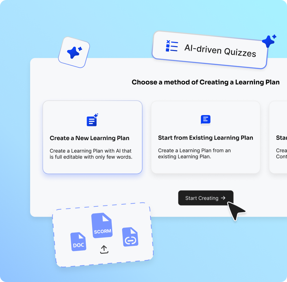 User interface with options to create a learning plan either by 'Create a New Learning Plan' with AI or 'Start from Existing Learning Plan', alongside icons for DOC, SCORM, and link file uploads and a 'Start Creating' button.