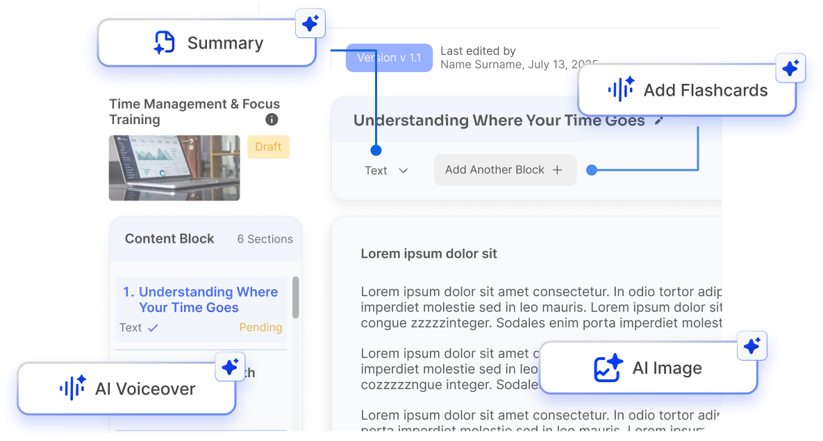 Screenshot of an AI authoring studio interface showing a content block titled Understanding Where Your Time Goes with options to add flashcards, AI voiceover, AI image, and summary features.