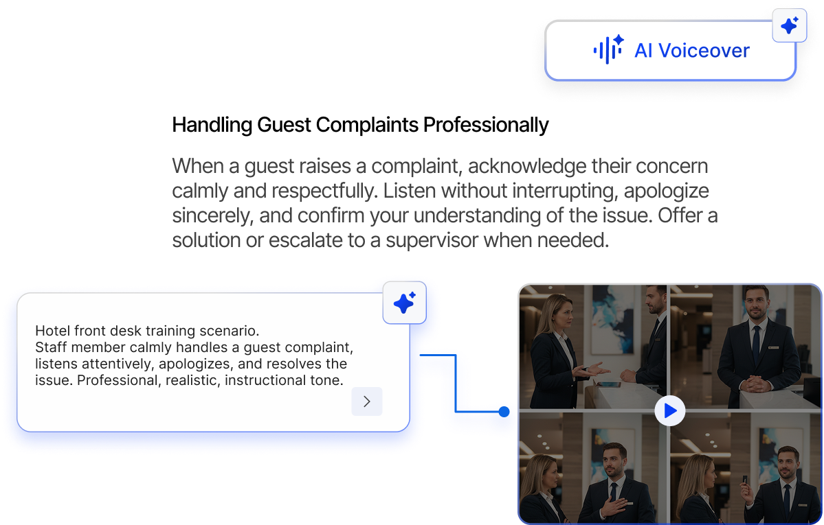 Training module on handling guest complaints professionally with text instructions and video thumbnails showing a hotel staff member calmly addressing a guest complaint.