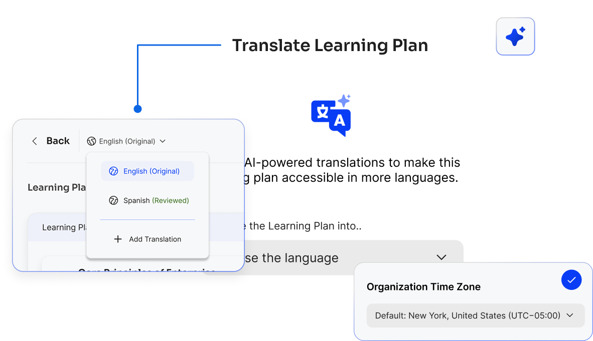 User interface for translating a learning plan with options to select English or Spanish and a dropdown showing organization time zone set to New York (UTC-05:00).