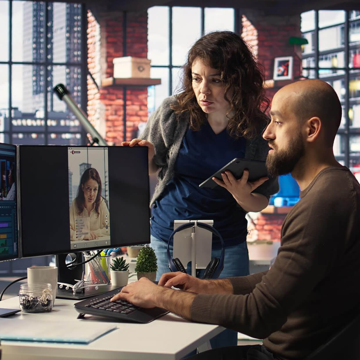 Two coworkers in a modern office looking at a computer screen showing a video call with a woman.