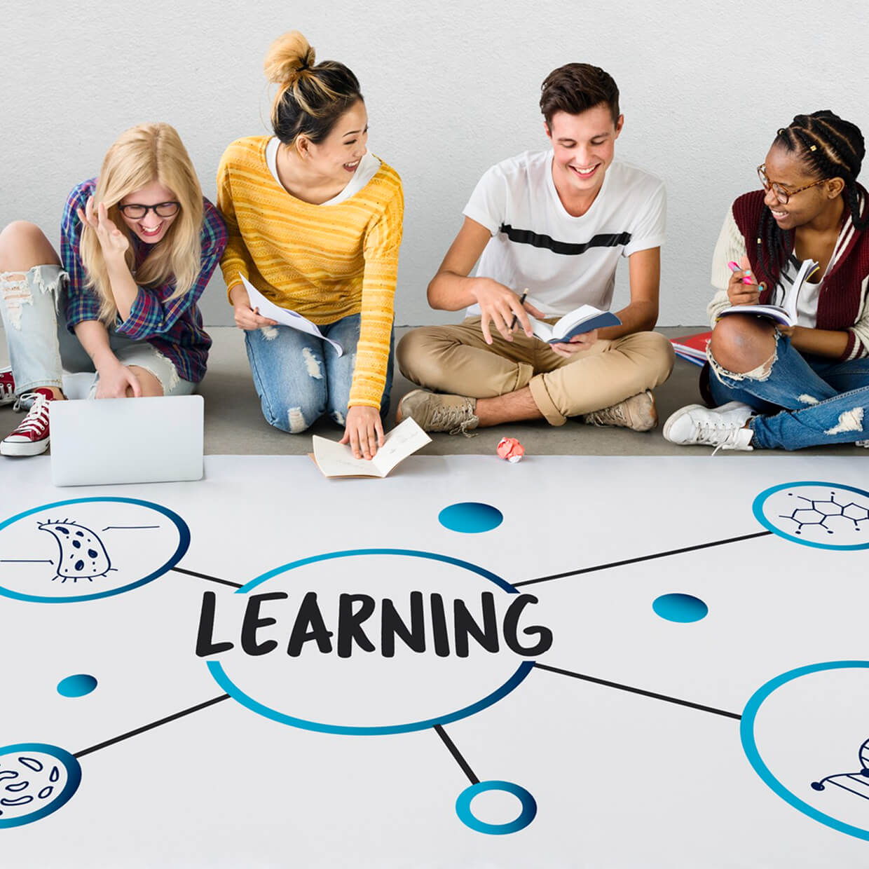Four diverse young adults sitting on the floor studying and laughing around a large chart with the word Learning in the center and connected concept icons.