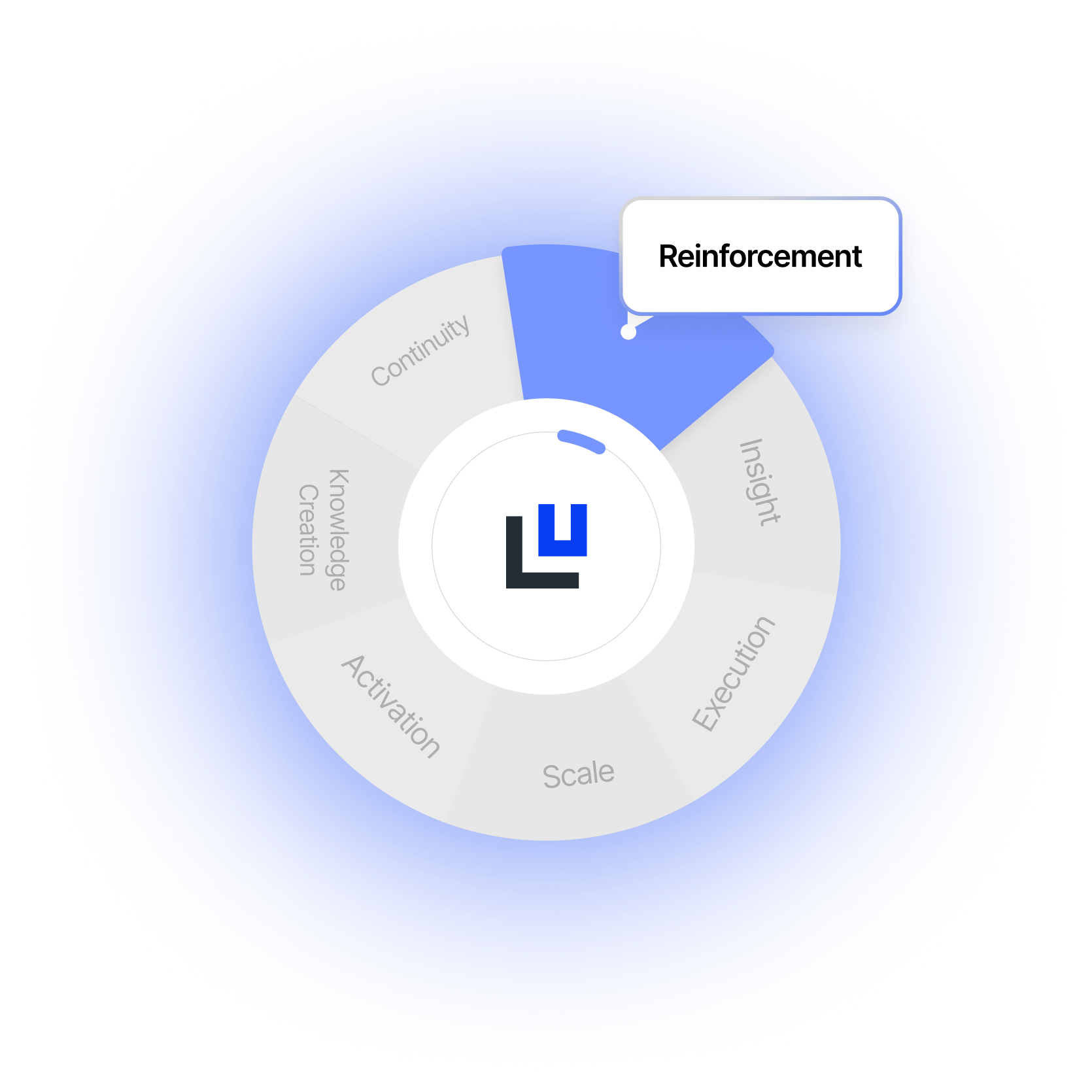 Circular diagram with seven segments labeled Continuity, Knowledge Creation, Activation, Scale, Execution, Insight, and Reinforcement, with Reinforcement highlighted in blue and a label pointing to it.