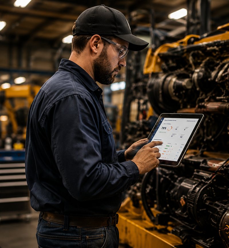Service technician reviewing dealer training and readiness information beside industrial equipment