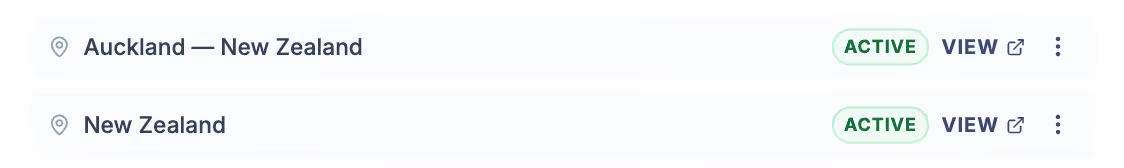 AuraScope multi-locale settings showing geographic AI visibility targeting