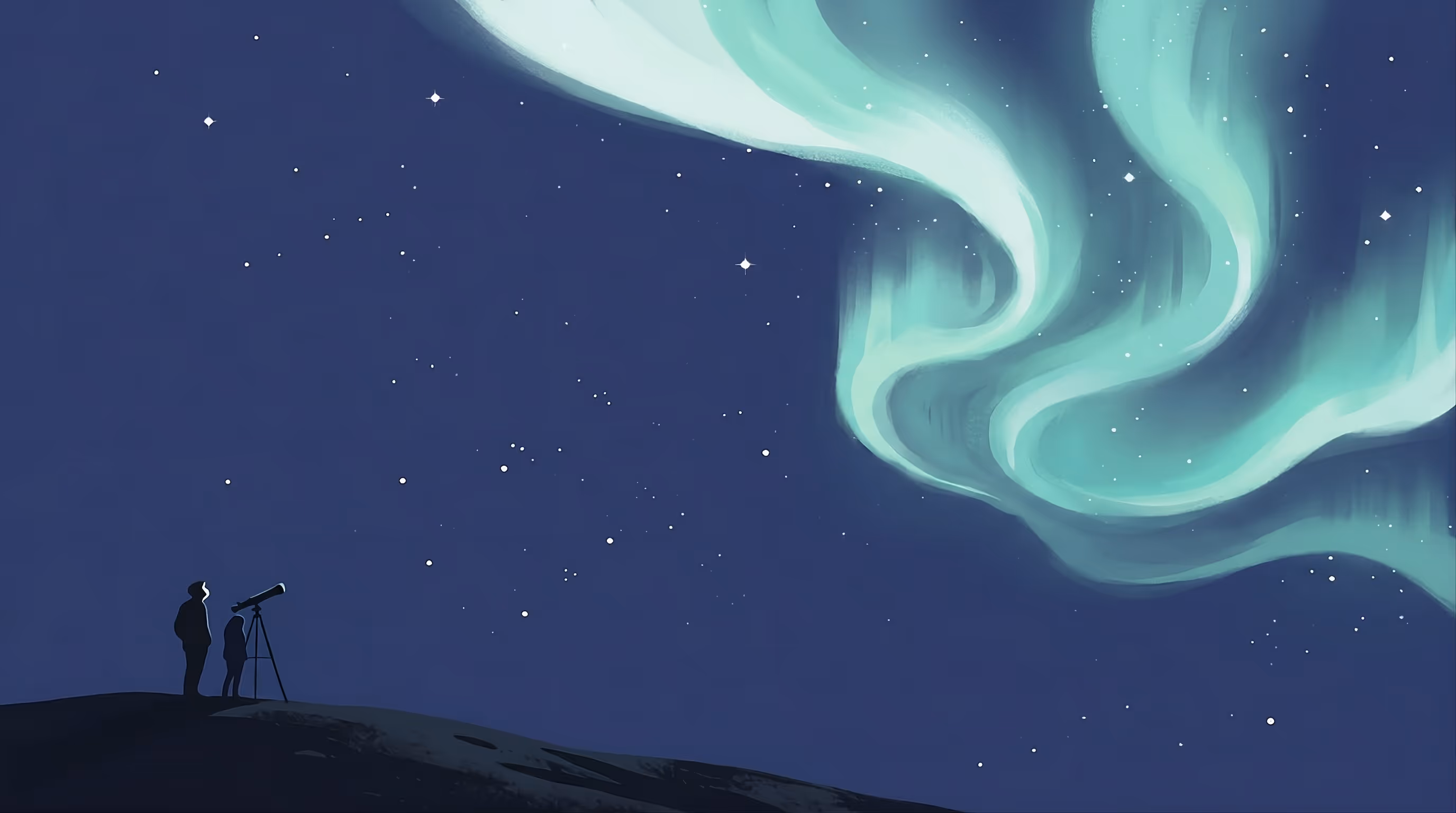 Two people on a hillside watching a teal aurora borealis, representing AI visibility discovery