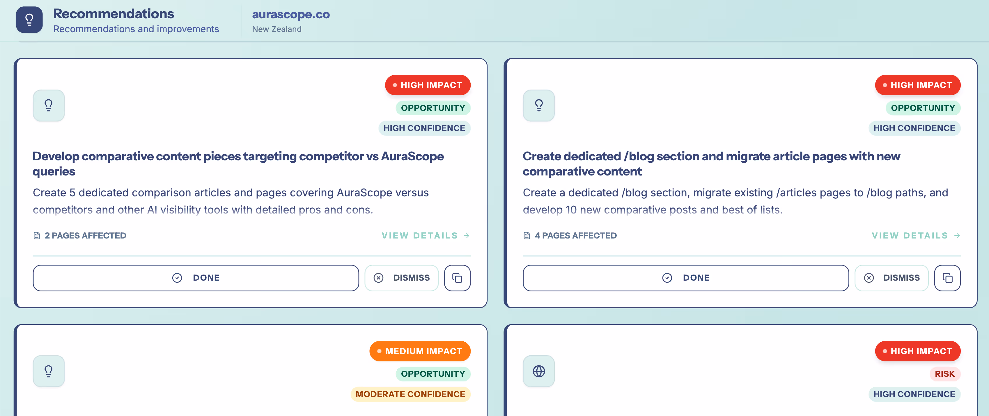 AuraScope prescriptive recommendations showing specific optimisation actions