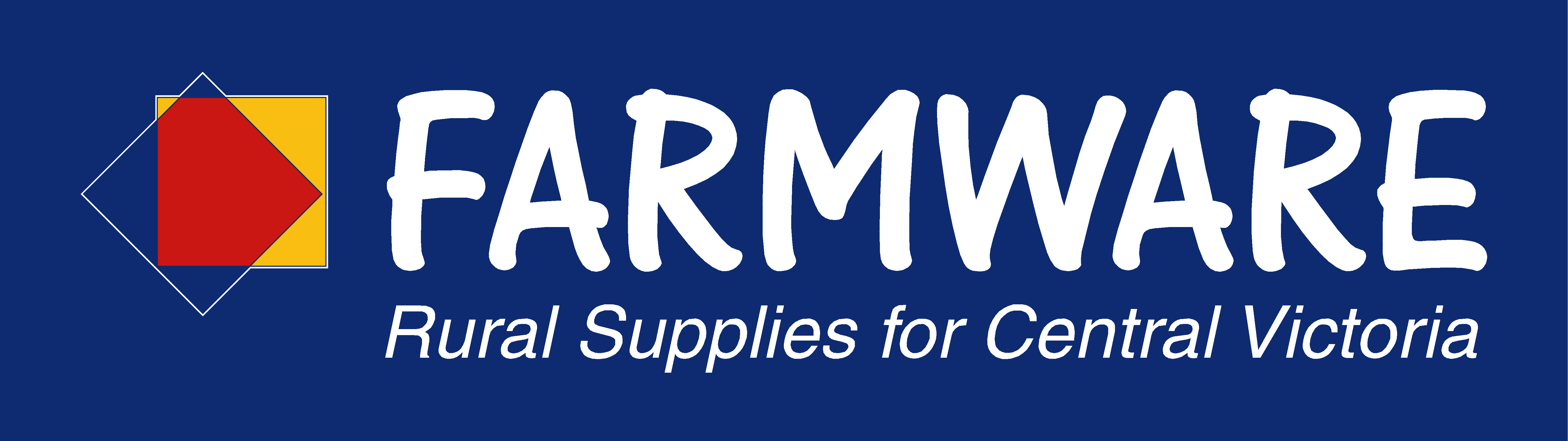 Farmware logo with a red and yellow geometric icon and text reading Rural Supplies for Central Victoria on a blue background.