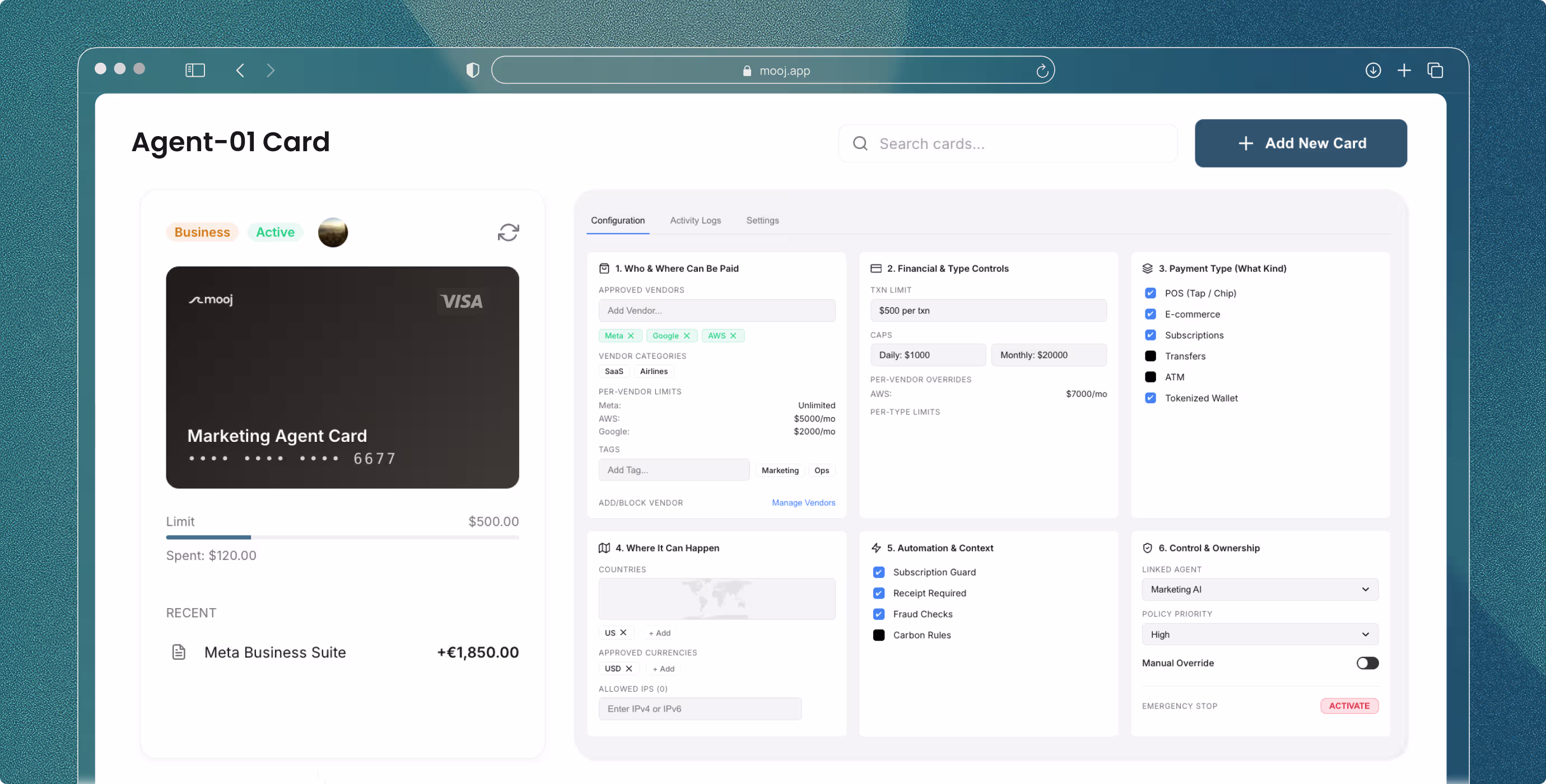 Digital dashboard showing a Marketing Agent Visa card with spending limit and detailed payment, vendor, and control settings.