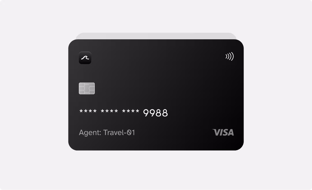 Black Visa credit card labeled Agent Travel-01 with chip and contactless payment symbols.