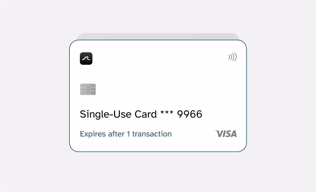 White Visa single-use card showing last digits 9966 and text expires after 1 transaction.