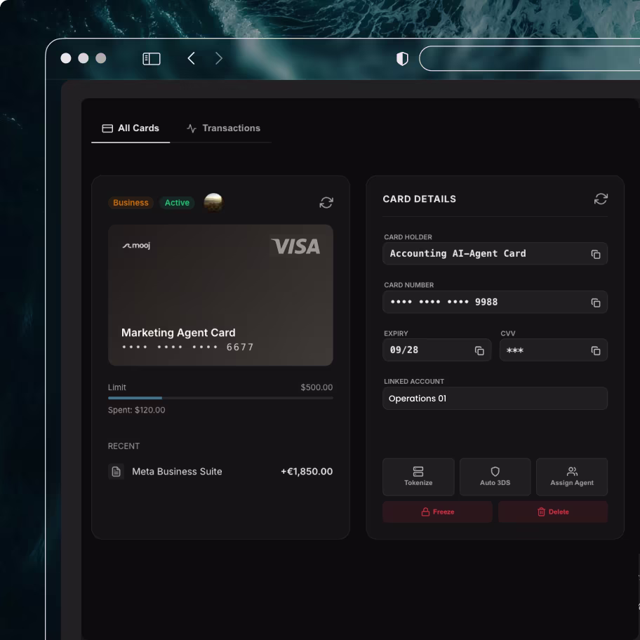 Dashboard showing two Visa cards with details, transactions, limits, and management options.