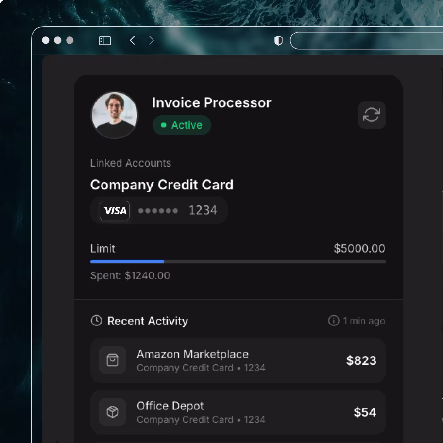 User Invoice Processor AI linked to company Visa card with $5,000 limit and recent $823 and $54 purchases shown.