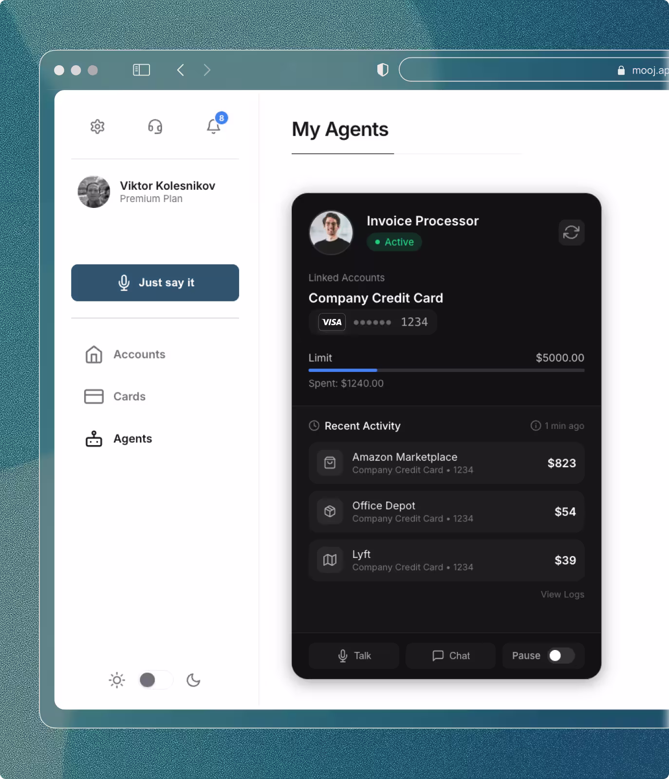 Dashboard interface showing an active Invoice Processor agent linked to a company Visa credit card.