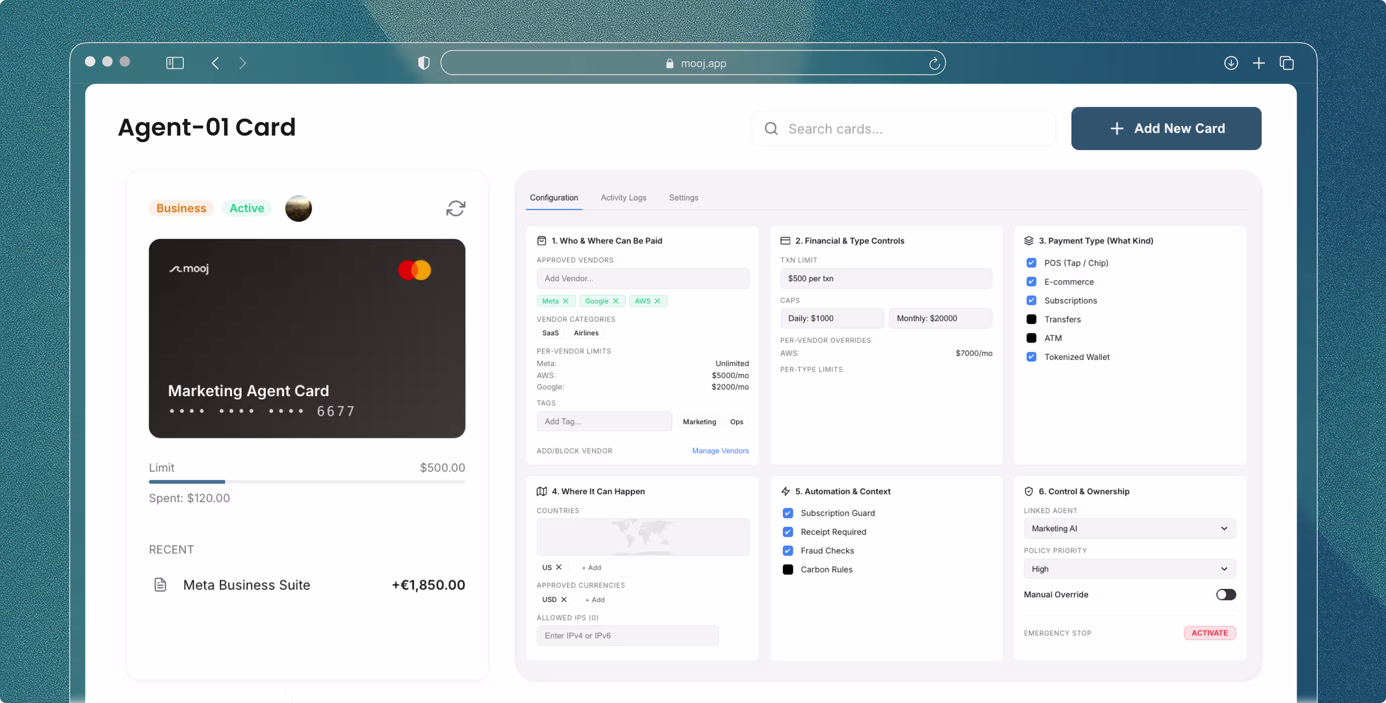 Digital dashboard showing a Marketing Agent Visa card with spending limit and detailed payment, vendor, and control settings.