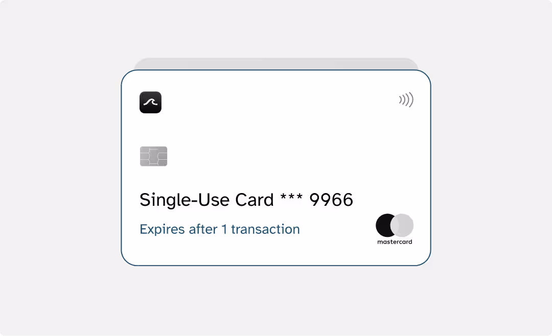 White Visa single-use card showing last digits 9966 and text expires after 1 transaction.