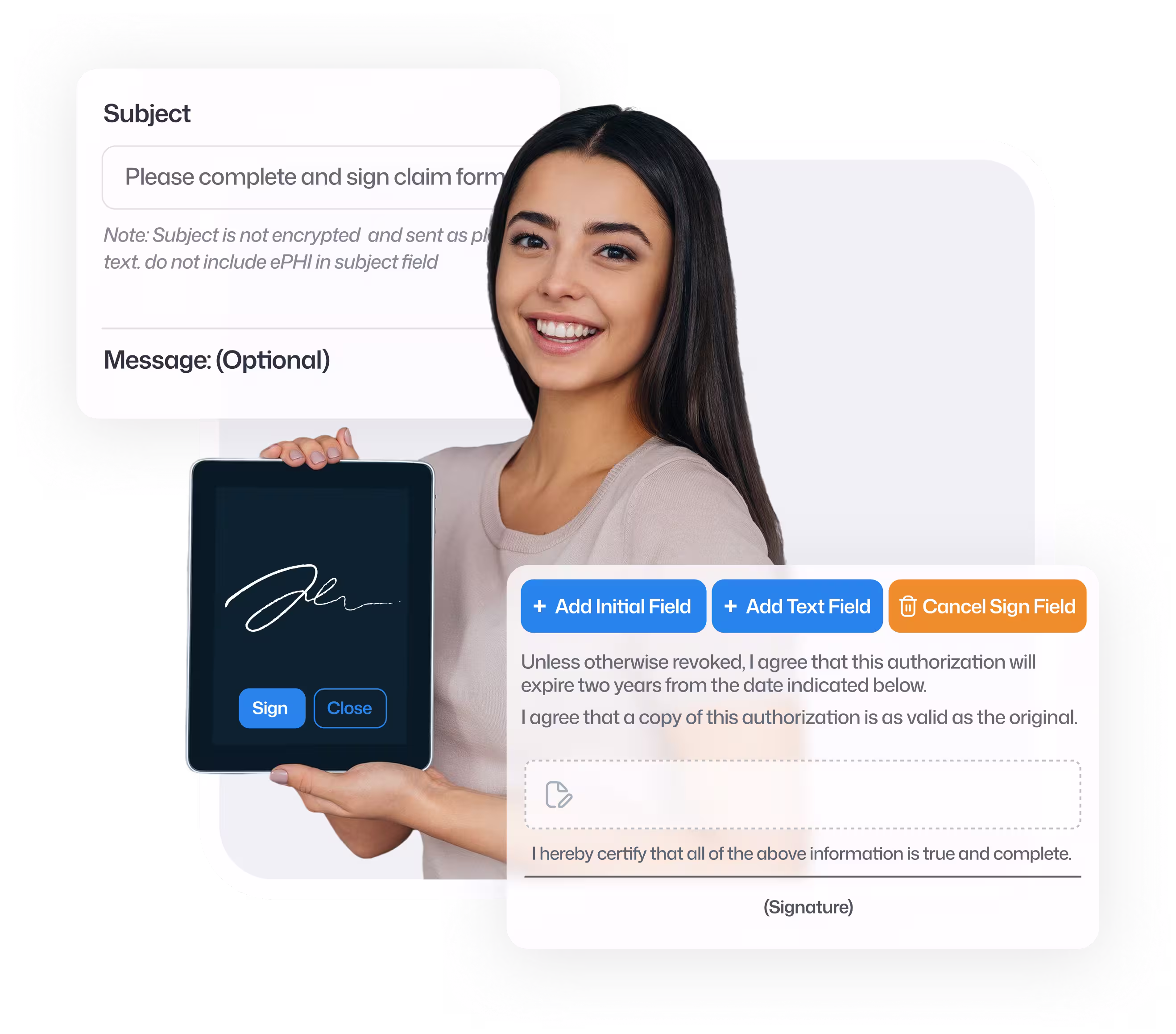 Smiling woman holding a tablet displaying a digital signature interface.