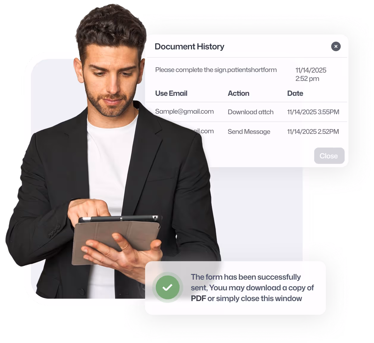 Man in black blazer using a tablet with document history.