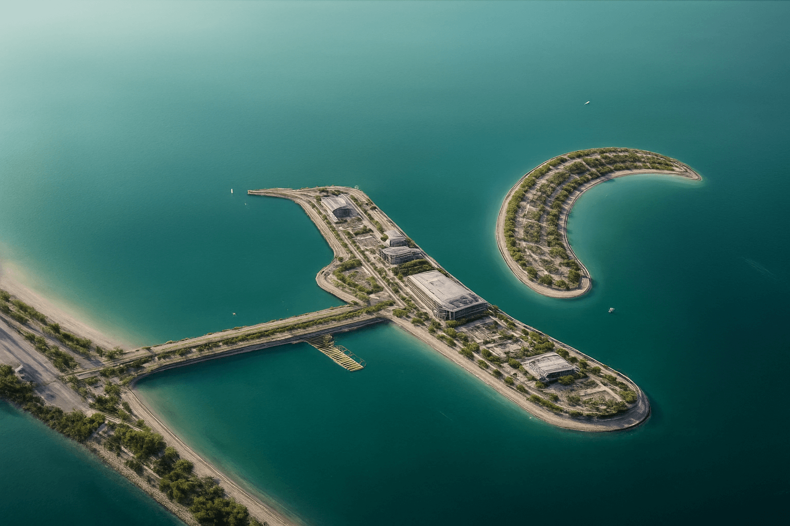 Aerial view of two artificial islands in turquoise water connected by a narrow land bridge, with buildings and greenery on the islands.