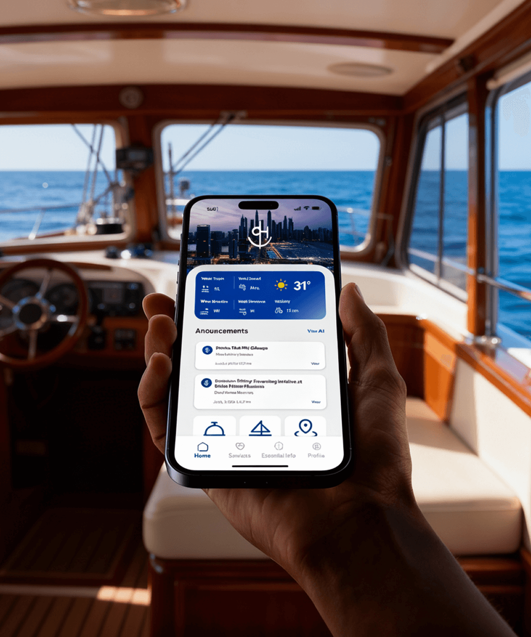 Hand holding a smartphone displaying a boating app with weather info and announcements inside a boat cabin with ocean visible through windows.