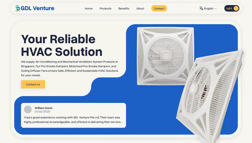GDL Venture homepage hero section showing HVAC solutions with images of ceiling diffuser fans and a customer testimonial.