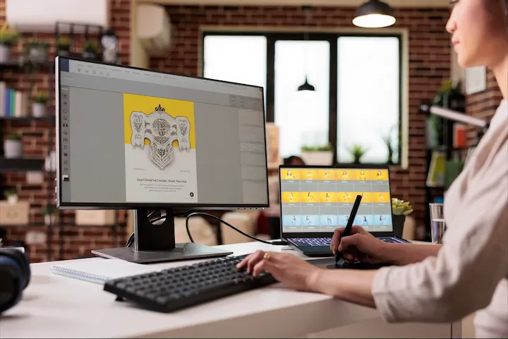 Person using a digital pen tablet working on graphic design displayed on a desktop monitor in a modern workspace.