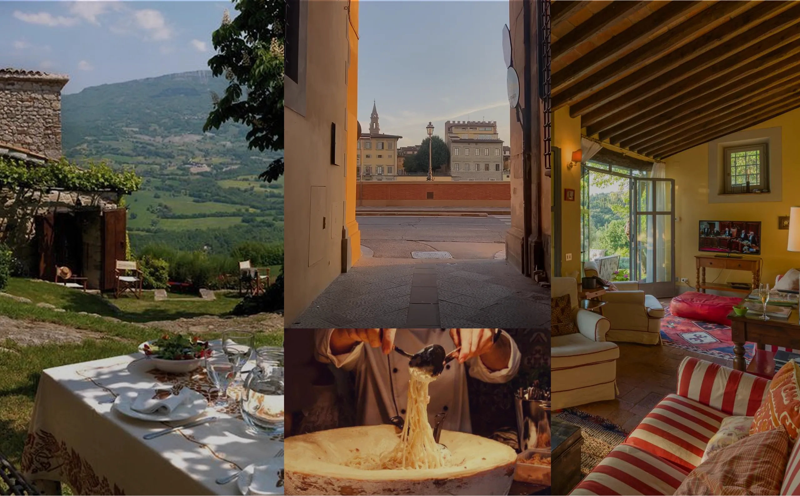 Collage of four images: outdoor dining table with salad and glasses overlooking green hills, narrow street view towards European buildings, chef serving pasta from a large cheese wheel, and cozy living room with striped sofa and open door to garden.