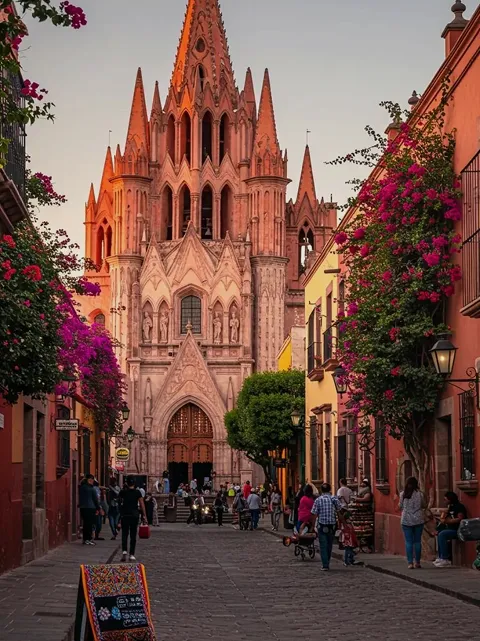 The pink sandstone facade of Parroquia de San Miguel Arcángel church at sunset in San Miguel de Allende, with people walking in the cobblestone street and colorful bougainvillea on both sides.