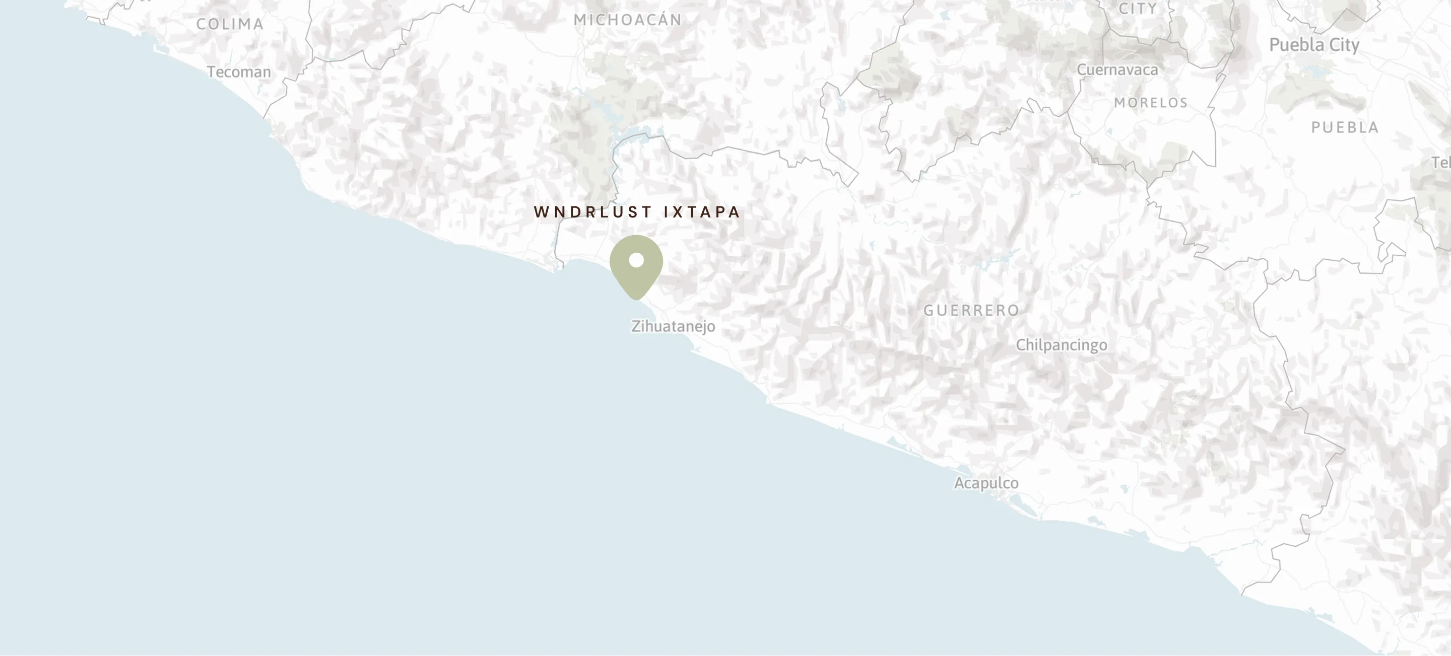 Map highlighting WNDRLUST IXTAPA near Zihuatanejo on the Pacific coast of Mexico.