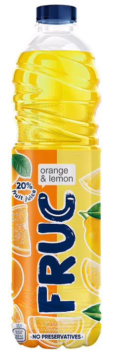 Fruc brings together natural, refreshing, non-carbonated, health-friendly drinks in a variety of flavors designed to quench thirst. They contain between 10% and 30% fruit content. The colorful fruit mix is trendy, totally mixed, and full of excitement, as Fruc is primarily aimed at young people and teenagers. It is available in popular PET packaging in 0.5-liter and 1.5-liter sizes. The drinks are aseptically filled and therefore contain no preservatives.