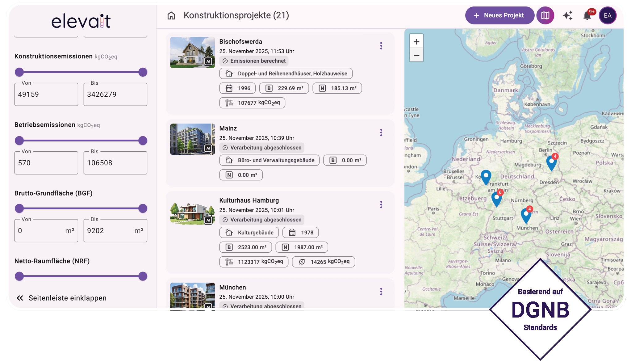 Dashboard einer Software zeigt eine Liste von vier Bauprojekten in Deutschland mit Details zu Emissionen, Flächen und Status, sowie eine Karte mit Projektstandorten.