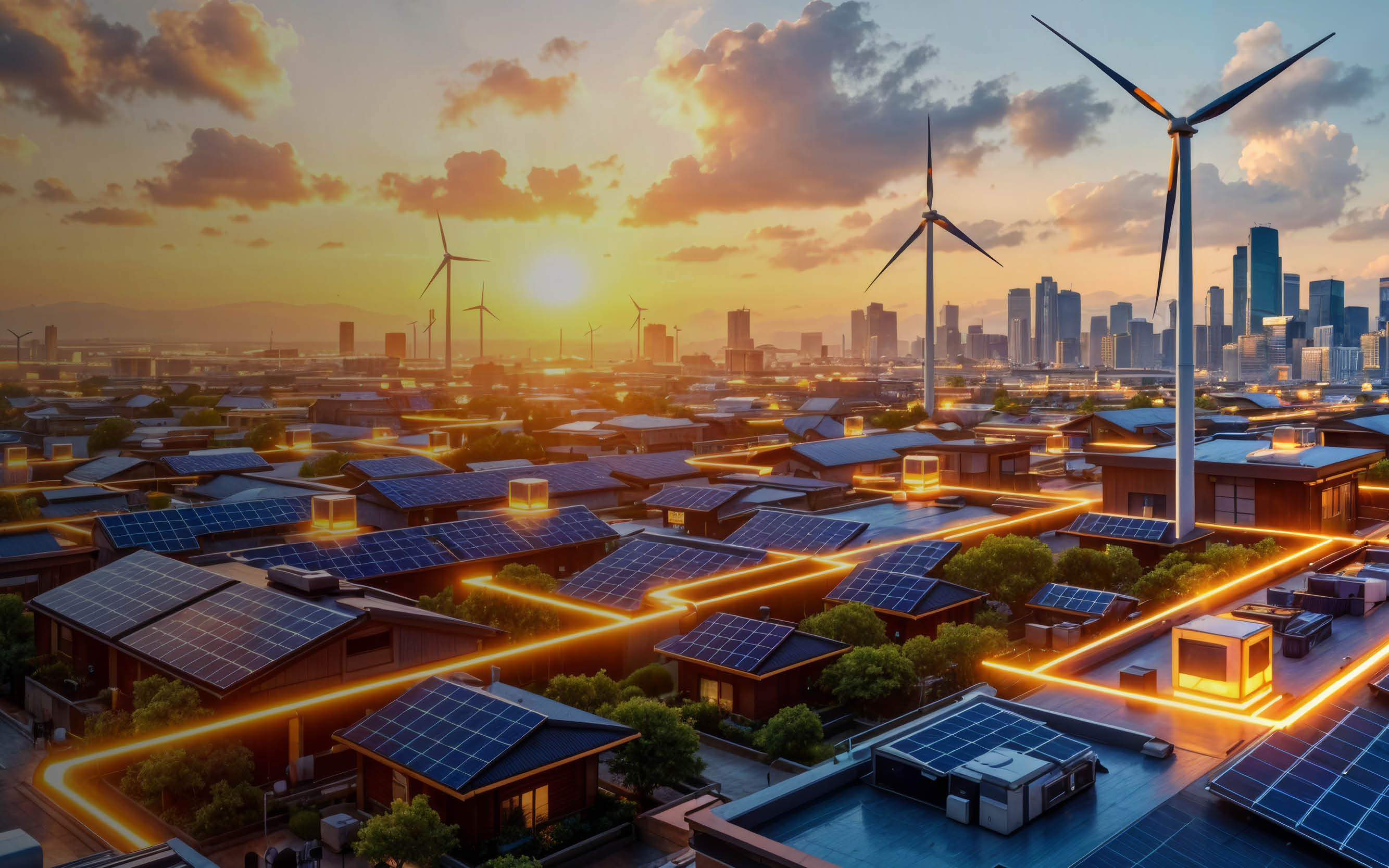Stadt bei Sonnenuntergang mit Häusern, die mit Solarpaneelen bedeckt sind, Windräder in der Ferne und orangefarbene Lichtlinien, die Energieflüsse darstellen.