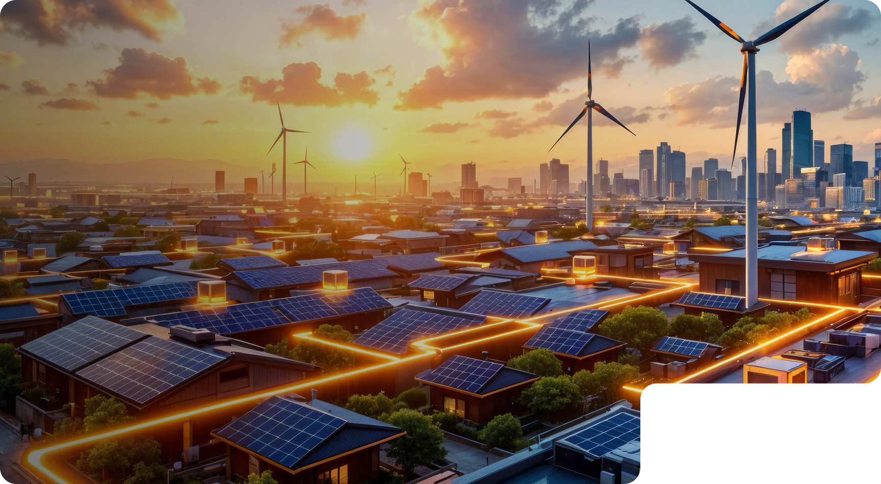 Stadt mit Häusern, die mit Solarpaneelen bedeckt und durch leuchtende Linien verbunden sind, im Hintergrund Windkraftanlagen und Hochhäuser bei Sonnenuntergang.