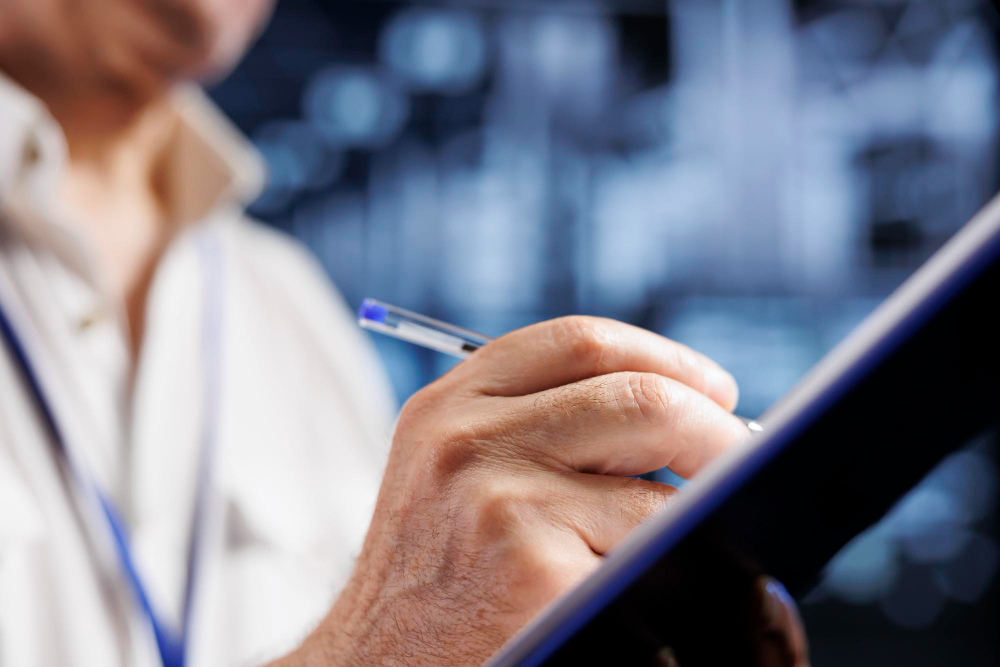 Nahaufnahme einer Hand, die mit einem Kugelschreiber auf einem Klemmbrett schreibt.