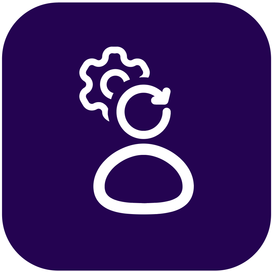 Symbol eines Benutzers mit einem Zahnrad und einem Pfeil, der auf manuelle Arbeitslast oder Einstellungen hinweist.