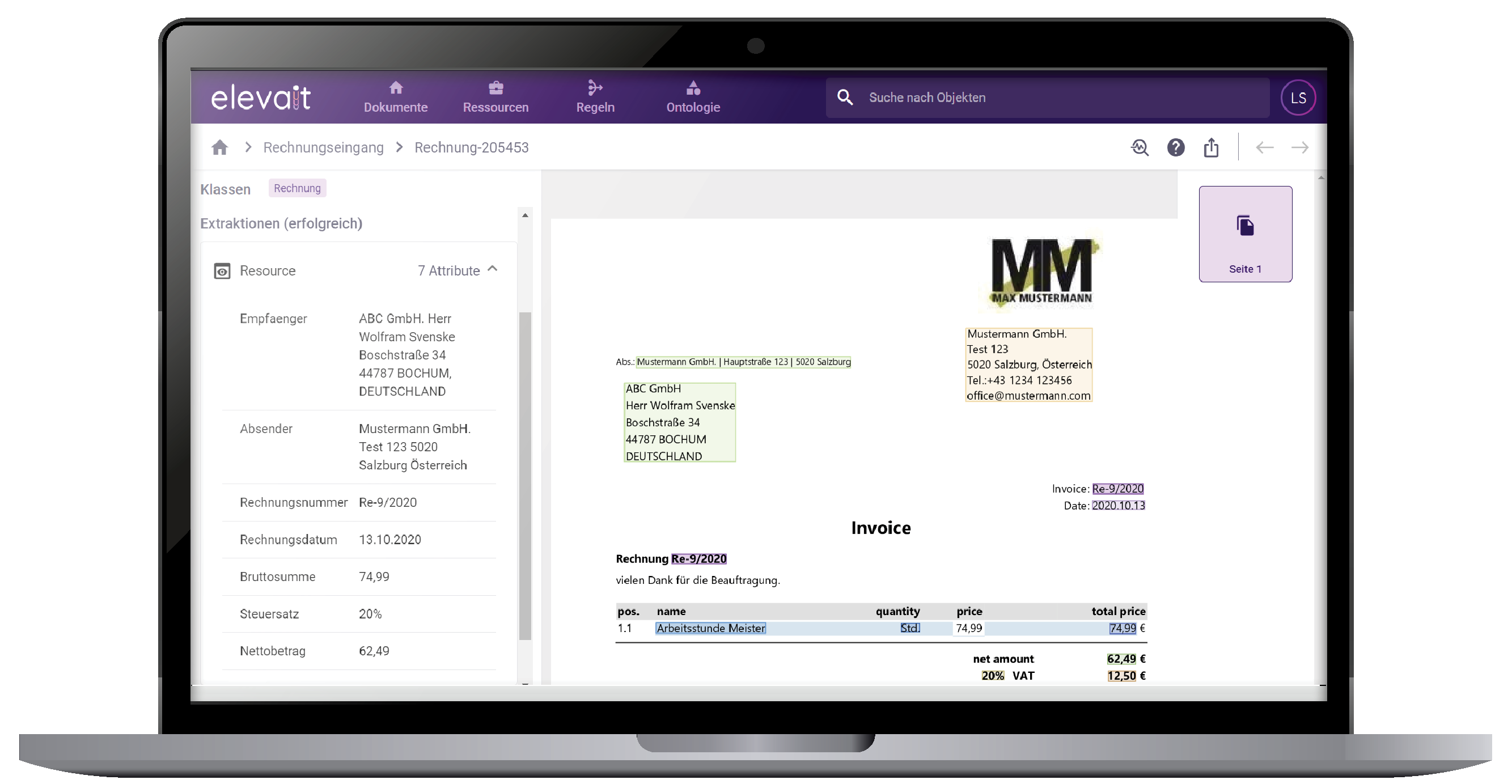 Laptop-Bildschirm zeigt eine Rechnung mit Details zu Empfänger, Absender, Rechnungsnummer, Datum, Beträgen und Mahnstunde.