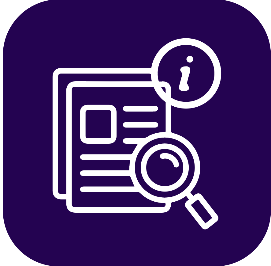 Symbol von Dokumenten mit Lupe und Informationszeichen auf dunkelviolettem Hintergrund.