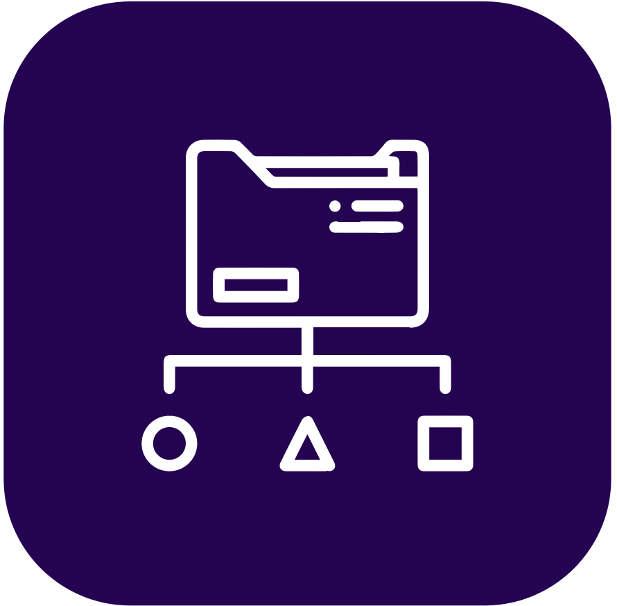 Symbol eines Ordners mit einer Struktur darunter, die mit einem Kreis, einem Dreieck und einem Quadrat verbunden ist.