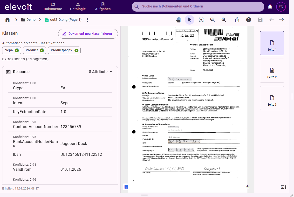 Screenshot einer Benutzeroberfläche zeigt eine SEPA-Lastschriftmandat-Seite der Stadtwerke Elbtal GmbH mit klassifizierten Dokumentdaten und Attributen auf Deutsch.