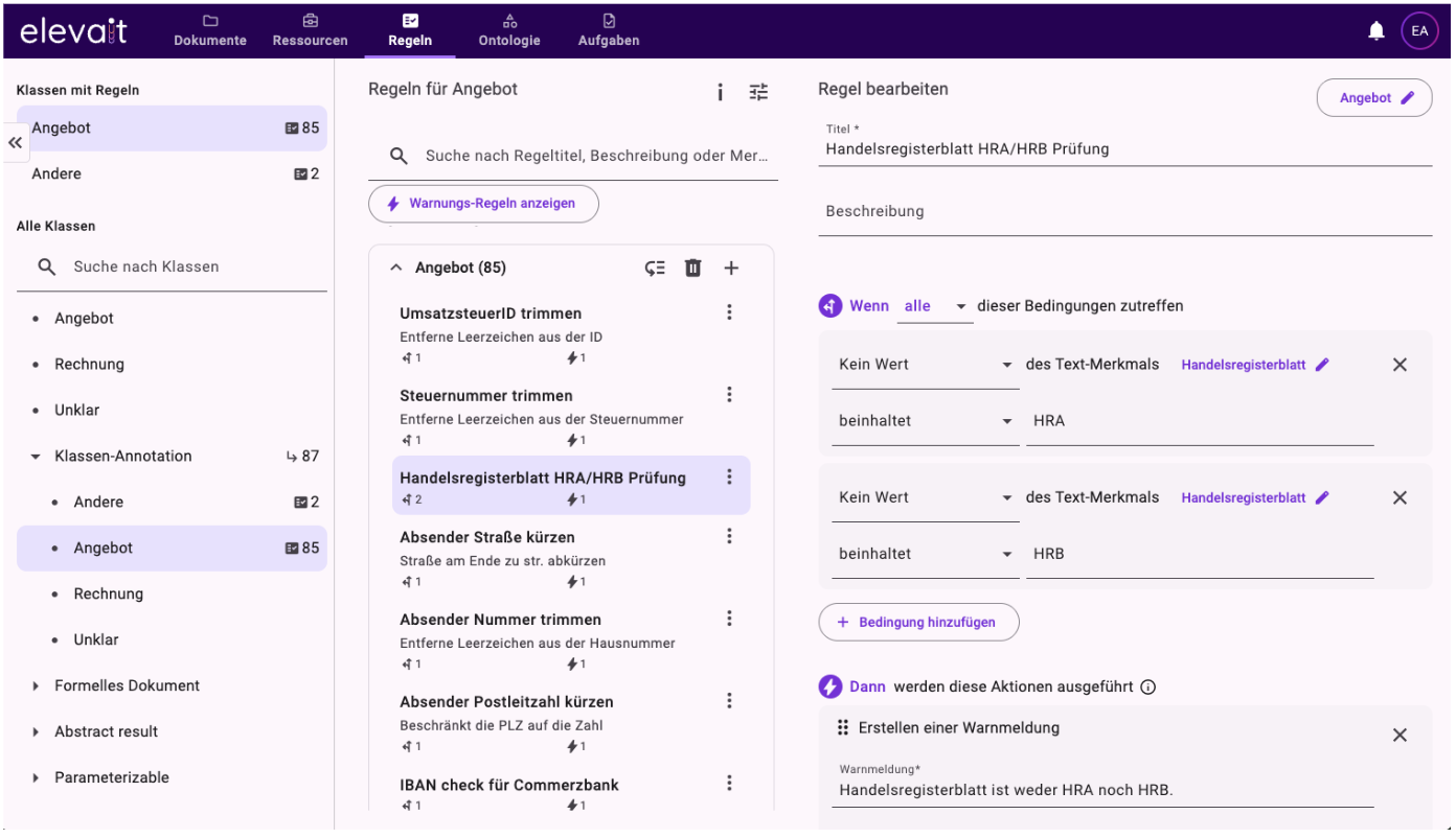 Screenshot einer deutschen Software-Oberfläche für Regelverwaltung mit verschiedenen Klassen und einer bearbeiteten Regel namens Handelsregisterblatt HRA/HRB Prüfung.