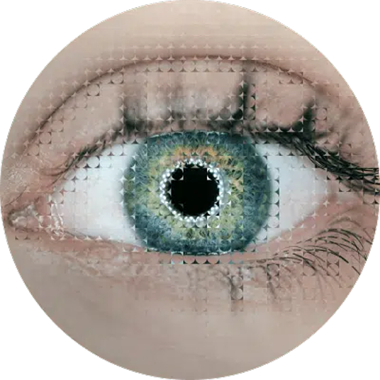 Close-up of a human eye with blue-green iris, overlaid with a subtle pixelated pattern.