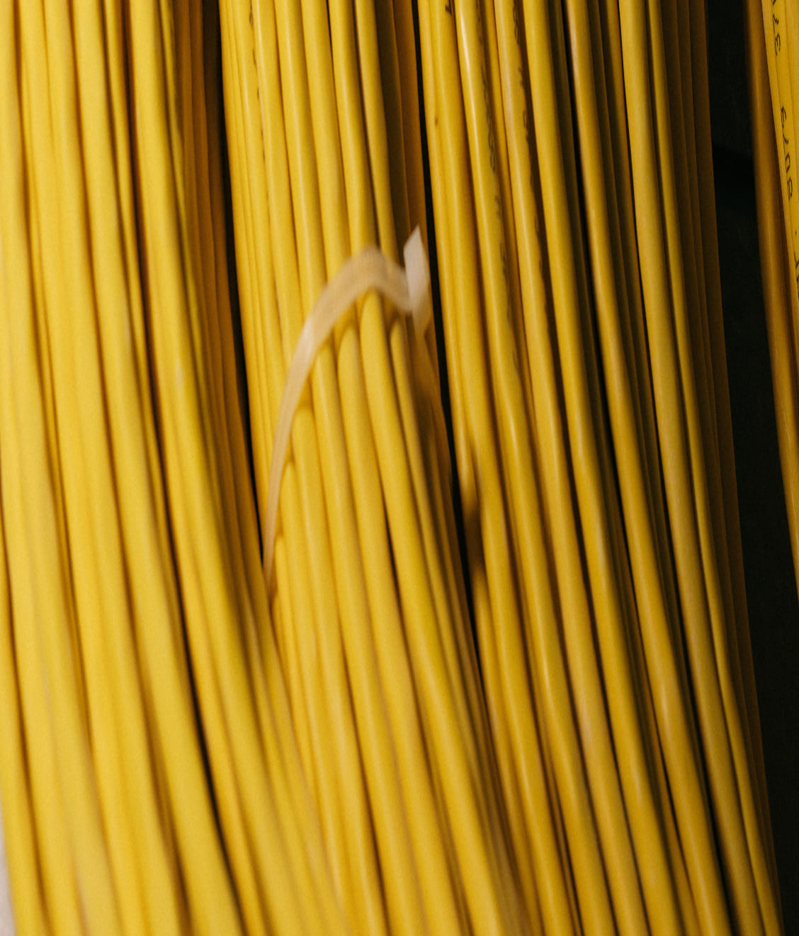 Close-up of neatly bundled yellow cables tied with a white plastic strap.