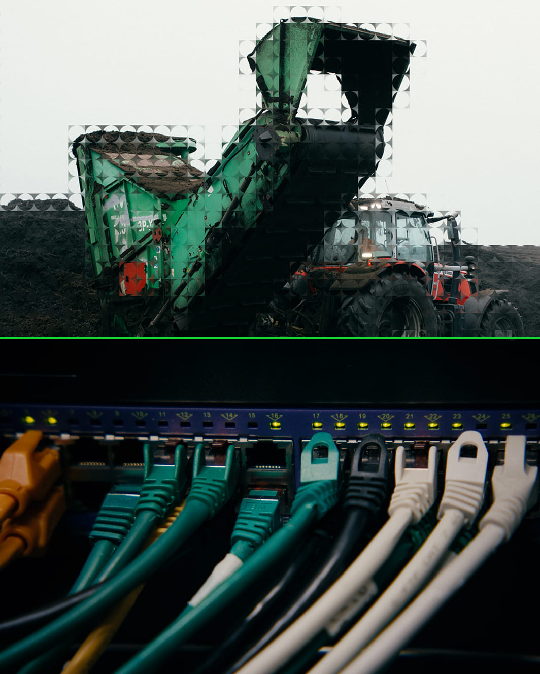 Oben: Grüner landwirtschaftlicher Kompostlader mit einem roten Traktor daneben vor einem Haufen Kompost; unten: Nahaufnahme mehrfarbiger Ethernet-Kabel, die in einen Switch gesteckt sind mit leuchtenden Kontrolllampen.