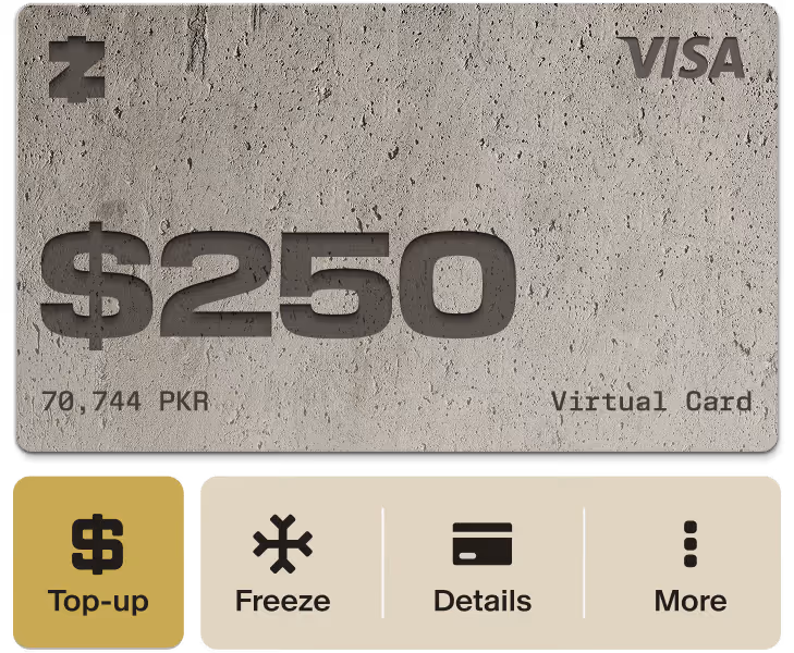 a Zar branded Visa card with wallet action buttons